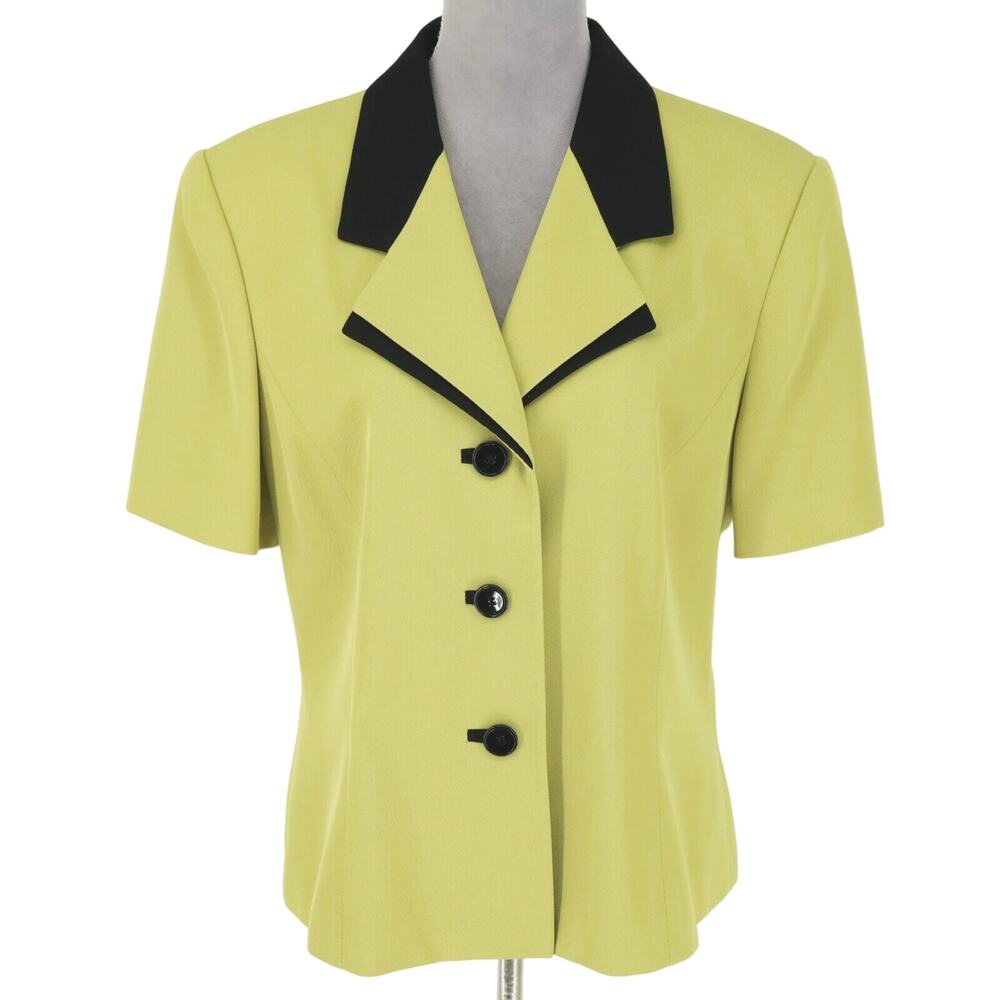 Kasper Jacket Womens 16 Chartreuse Green Crepe Black Trim Lined Blazer Career